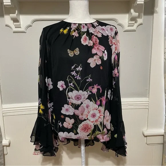 Giambattista Valli Frilled Cape Floral Silk Blouse Size XL - Picture 3 of 11